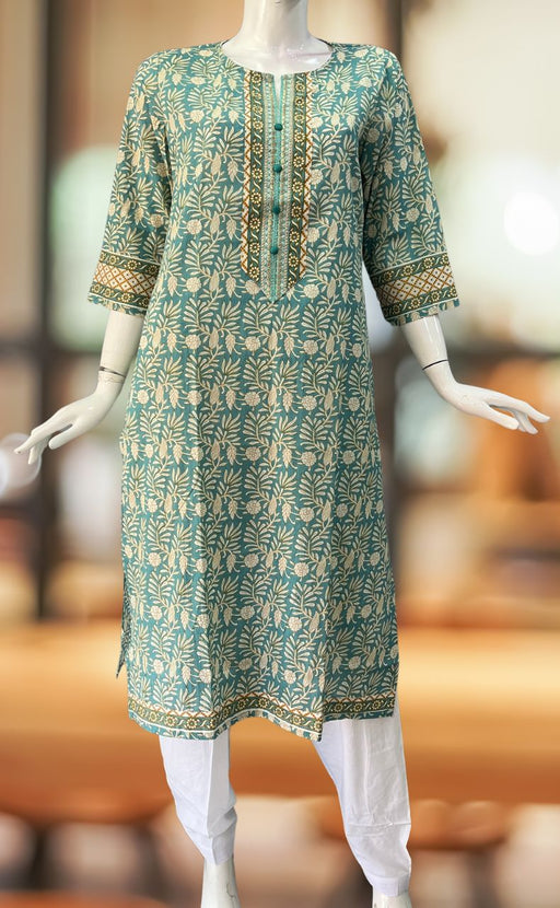 Light Sea Green/Off White Garden Jaipuri Cotton Kurti. Pure Versatile Cotton. | Laces and Frills - Laces and Frills