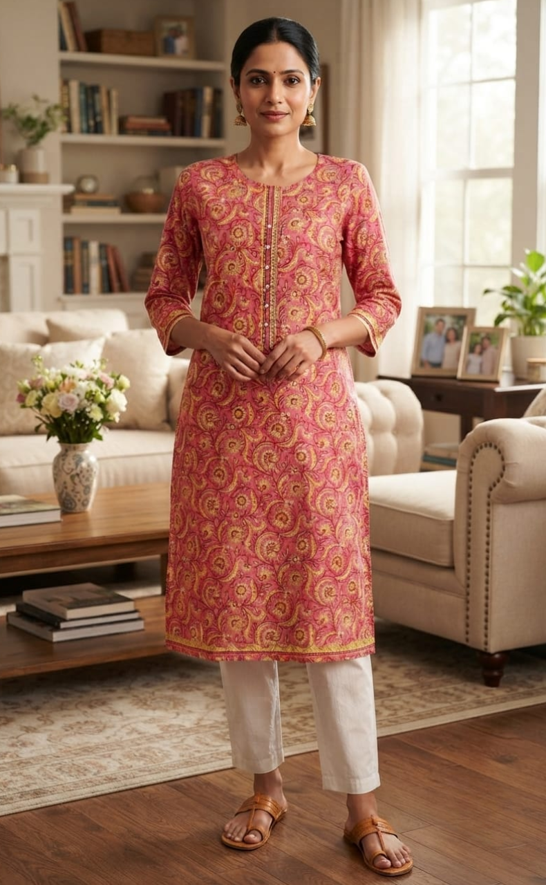 Rani Pink/Yellow Garden Jaipuri Cotton Kurti. Pure Versatile Cotton. | Laces and Frills