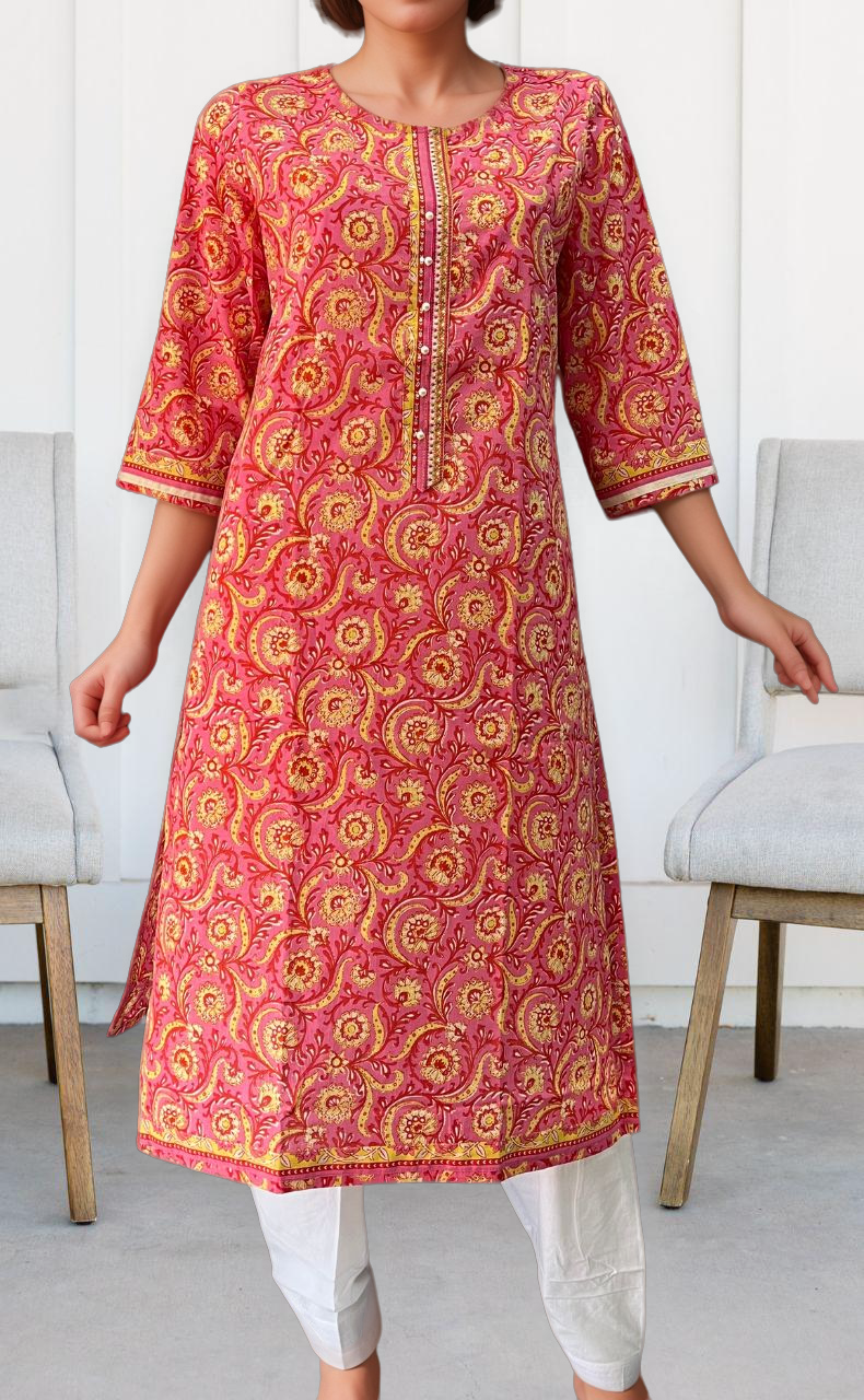 Rani Pink/Yellow Garden Jaipuri Cotton Kurti. Pure Versatile Cotton. | Laces and Frills - Laces and Frills