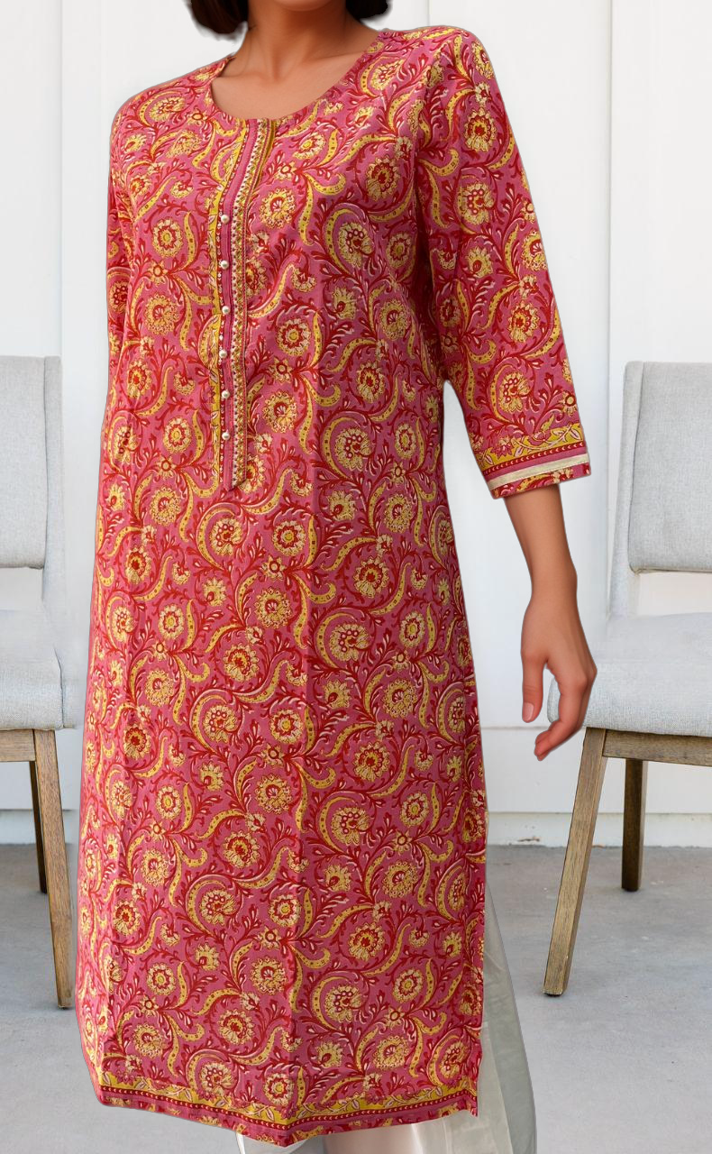 Rani Pink/Yellow Garden Jaipuri Cotton Kurti. Pure Versatile Cotton. | Laces and Frills - Laces and Frills