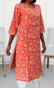 Rani Pink/Yellow Garden Jaipuri Cotton Kurti. Pure Versatile Cotton. | Laces and Frills - Laces and Frills