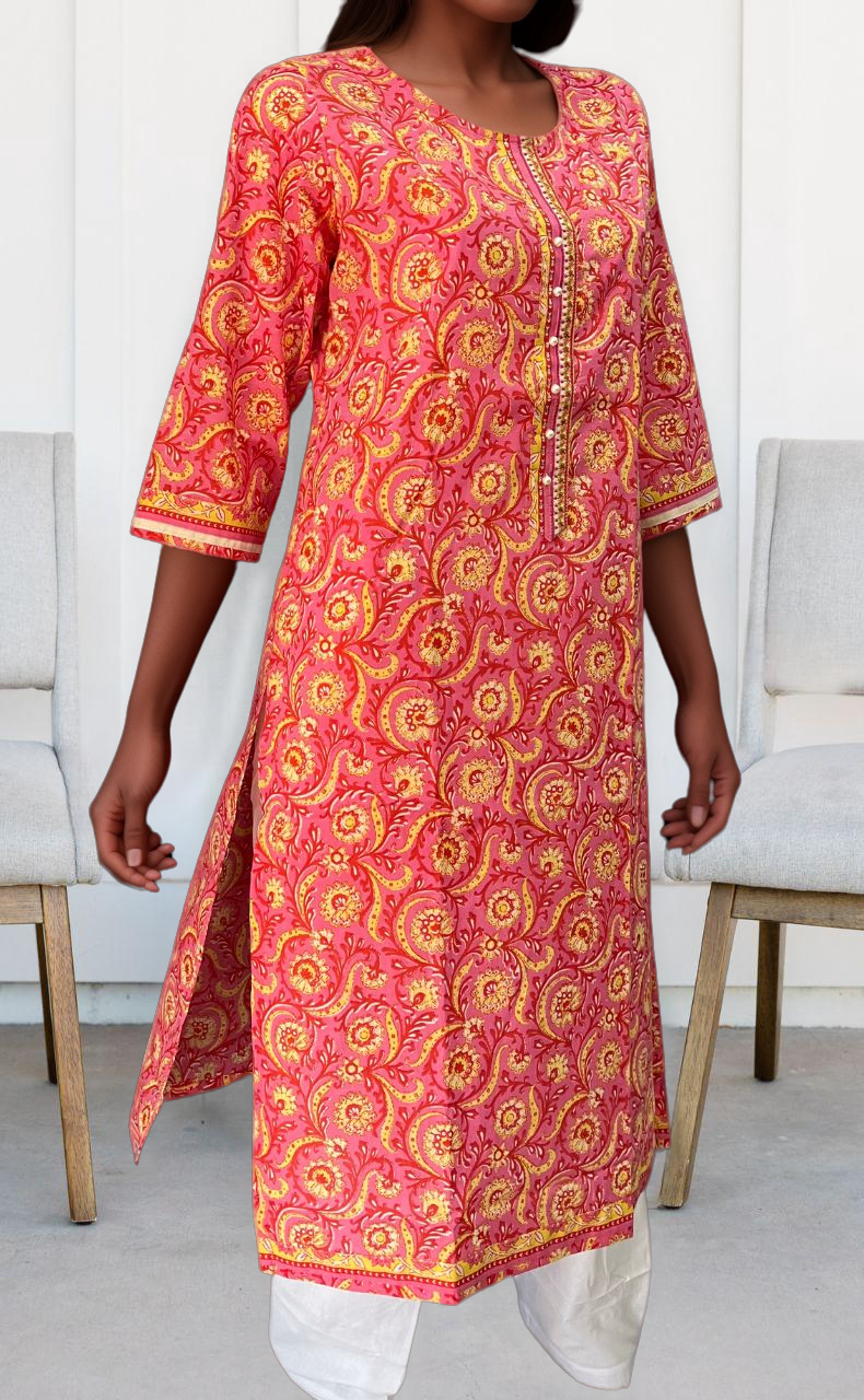 Rani Pink/Yellow Garden Jaipuri Cotton Kurti. Pure Versatile Cotton. | Laces and Frills - Laces and Frills