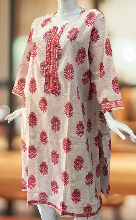 White/Pink Garden Jaipuri Cotton Kurti. Pure Versatile Cotton. | Laces and Frills - Laces and Frills
