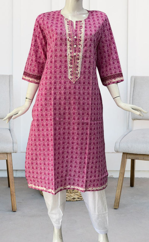 Lavender Pink Floral Jaipuri Cotton Kurti. Pure Versatile Cotton. | Laces and Frills - Laces and Frills