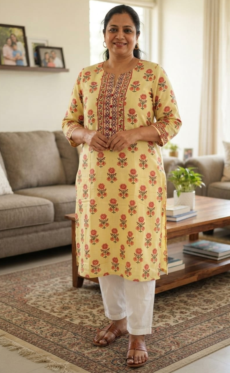 Light Yellow/Pink Floral Jaipuri Cotton Kurti. Pure Versatile Cotton. | Laces and Frills