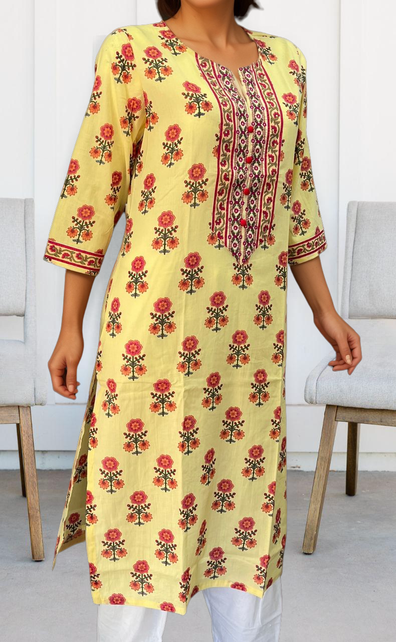 Light Yellow/Pink Floral Jaipuri Cotton Kurti. Pure Versatile Cotton. | Laces and Frills - Laces and Frills