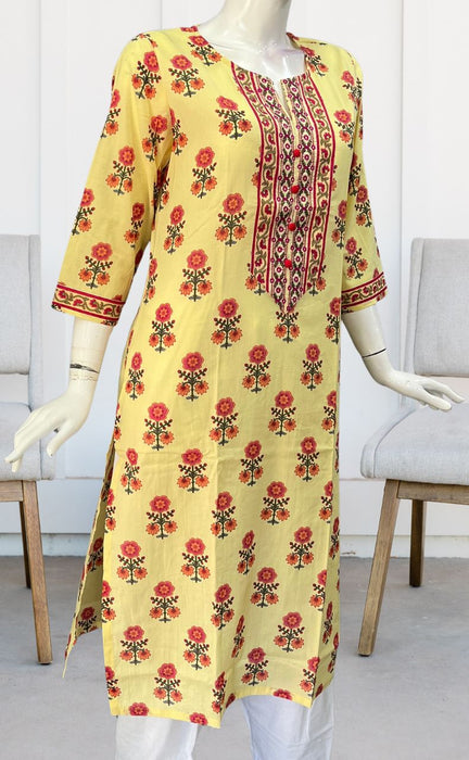 Light Yellow/Pink Floral Jaipuri Cotton Kurti. Pure Versatile Cotton. | Laces and Frills - Laces and Frills