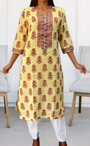 Light Yellow/Pink Floral Jaipuri Cotton Kurti. Pure Versatile Cotton. | Laces and Frills - Laces and Frills