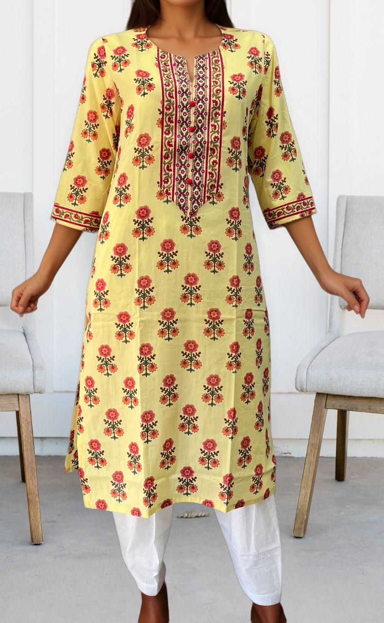 Light Yellow/Pink Floral Jaipuri Cotton Kurti. Pure Versatile Cotton. | Laces and Frills - Laces and Frills