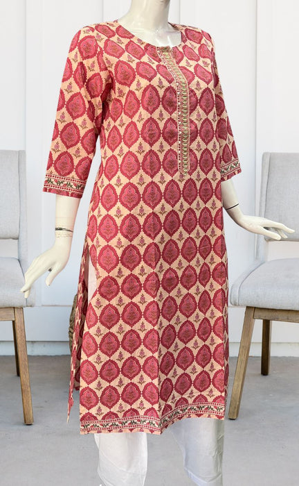 Off White/Pink Block Print Jaipuri Cotton Kurti. Pure Versatile Cotton. | Laces and Frills - Laces and Frills
