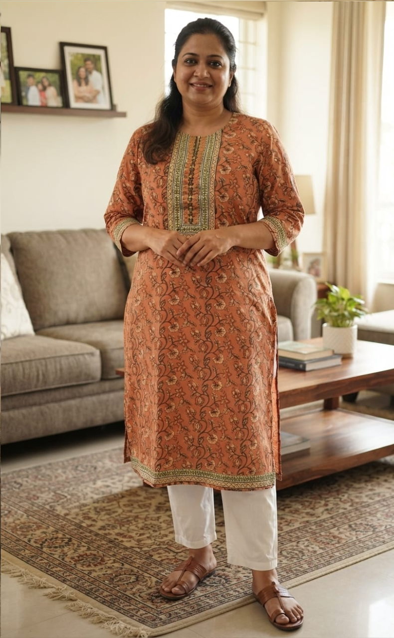Peach Floral Jaipuri Cotton Kurti. Pure Versatile Cotton. | Laces and Frills