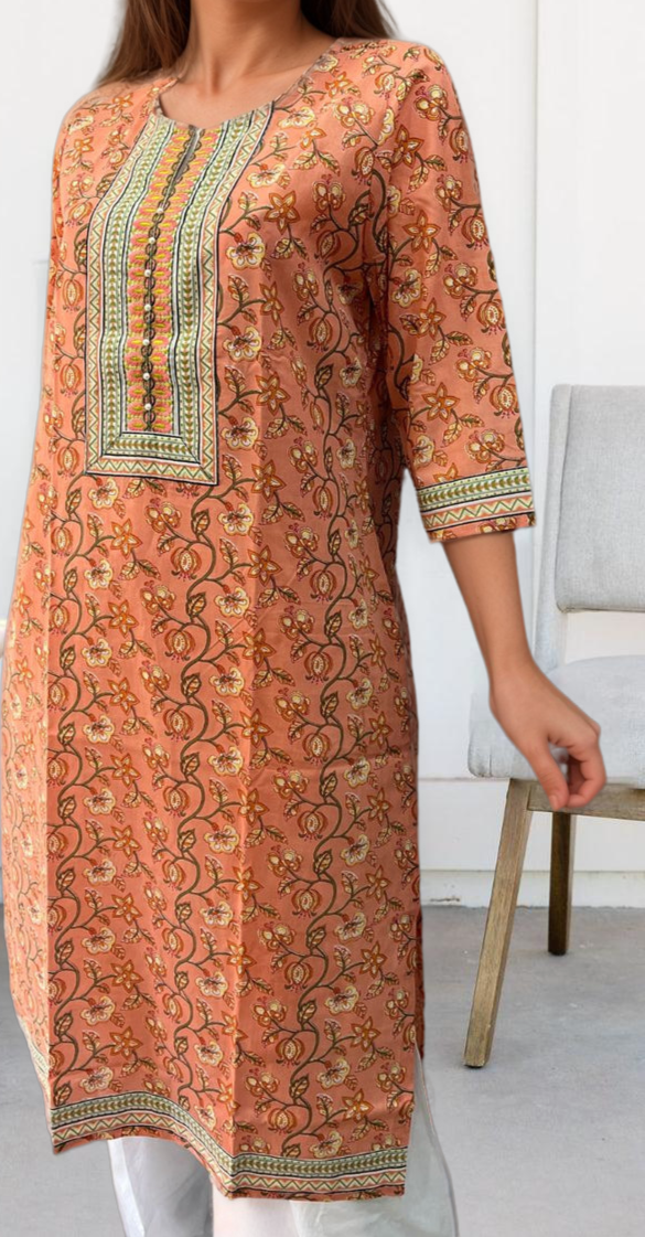Peach Floral Jaipuri Cotton Kurti. Pure Versatile Cotton. | Laces and Frills - Laces and Frills