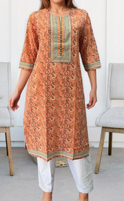 Peach Floral Jaipuri Cotton Kurti. Pure Versatile Cotton. | Laces and Frills - Laces and Frills
