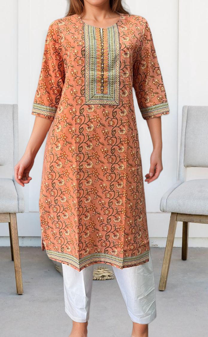Peach Floral Jaipuri Cotton Kurti. Pure Versatile Cotton. | Laces and Frills - Laces and Frills