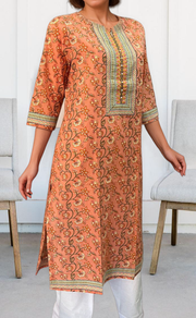 Peach Floral Jaipuri Cotton Kurti. Pure Versatile Cotton. | Laces and Frills - Laces and Frills