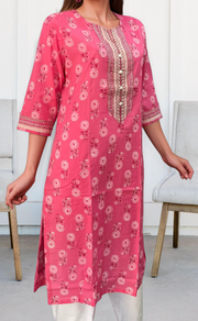 Pink Floral Jaipuri Cotton Kurti. Pure Versatile Cotton. | Laces and Frills - Laces and Frills