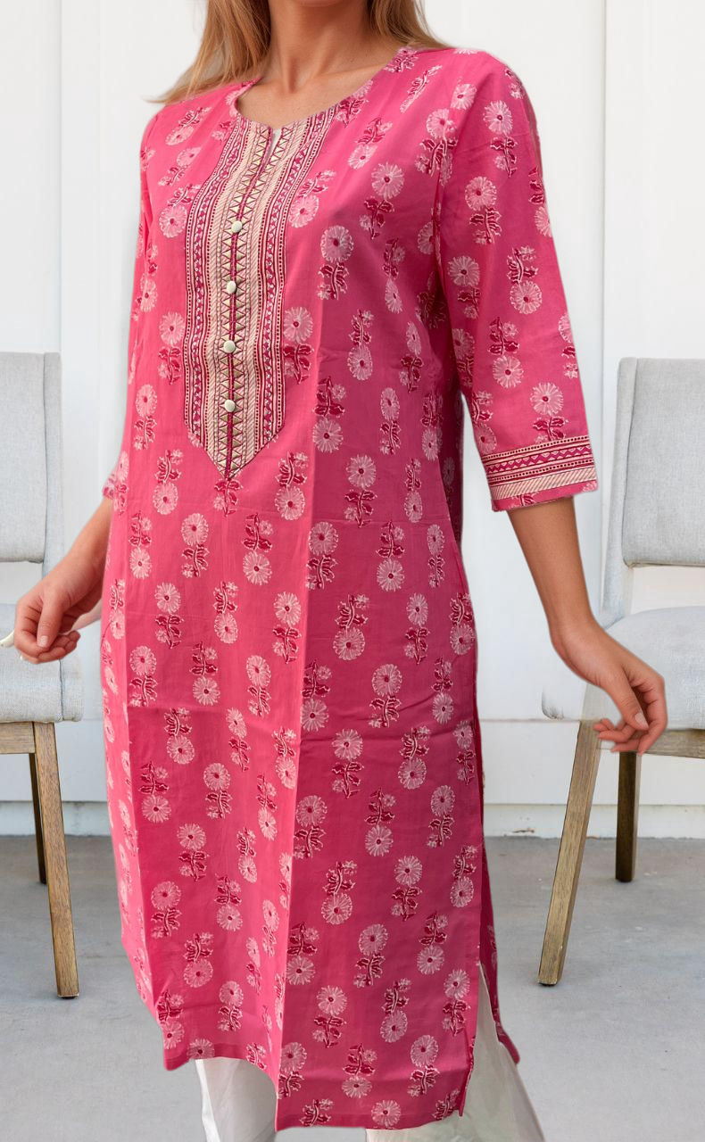 Pink Floral Jaipuri Cotton Kurti. Pure Versatile Cotton. | Laces and Frills - Laces and Frills