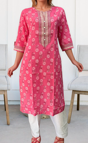 Pink Floral Jaipuri Cotton Kurti. Pure Versatile Cotton. | Laces and Frills - Laces and Frills
