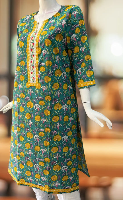 Sea Green/Yellow Garden Jaipuri Cotton Kurti. Pure Versatile Cotton. | Laces and Frills - Laces and Frills