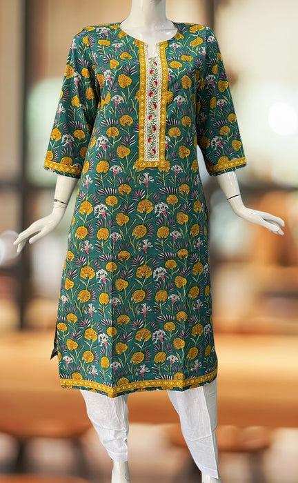 Sea Green/Yellow Garden Jaipuri Cotton Kurti. Pure Versatile Cotton. | Laces and Frills - Laces and Frills