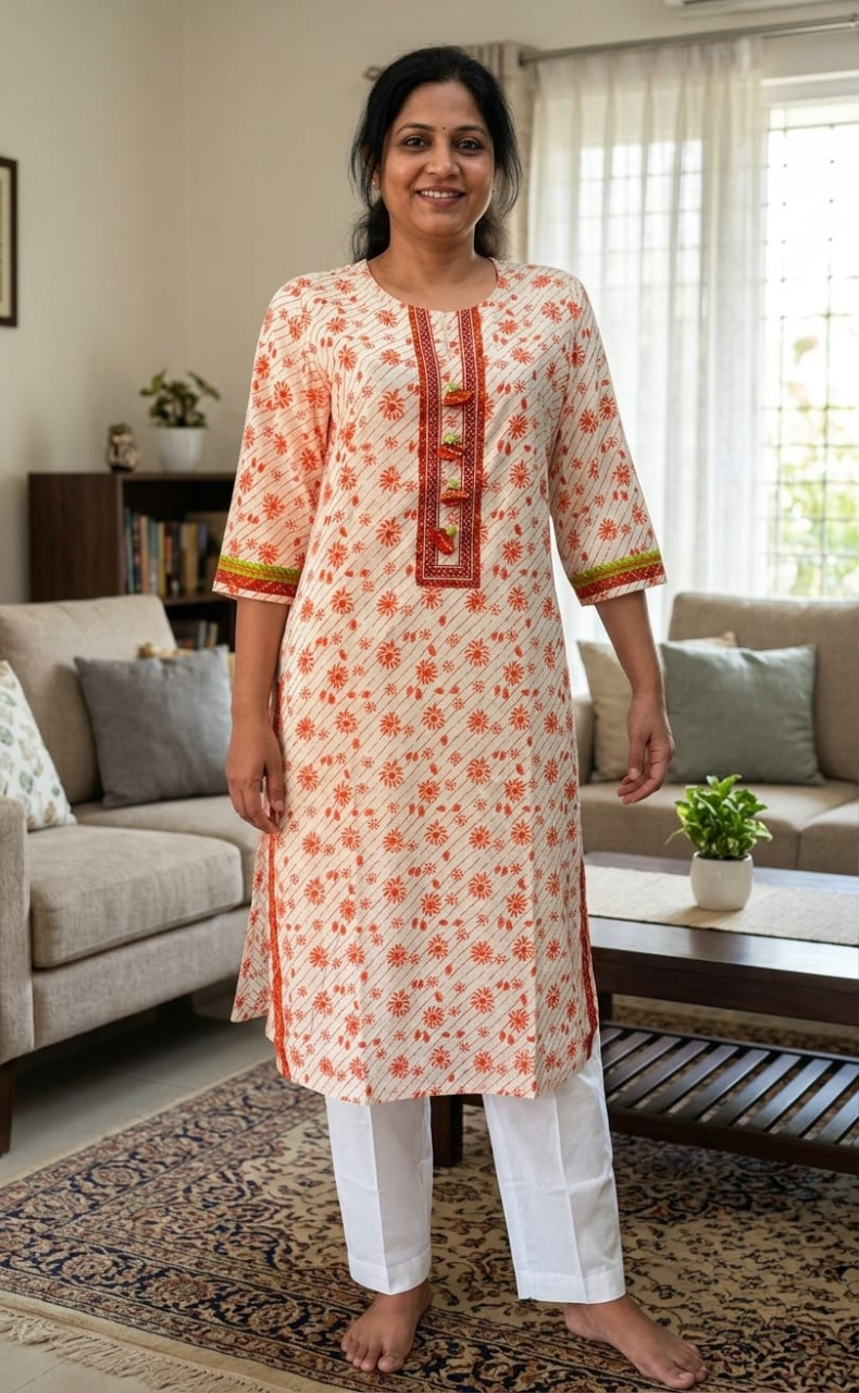 White/Orange Floral Jaipuri Cotton Kurti. Pure Versatile Cotton. | Laces and Frills