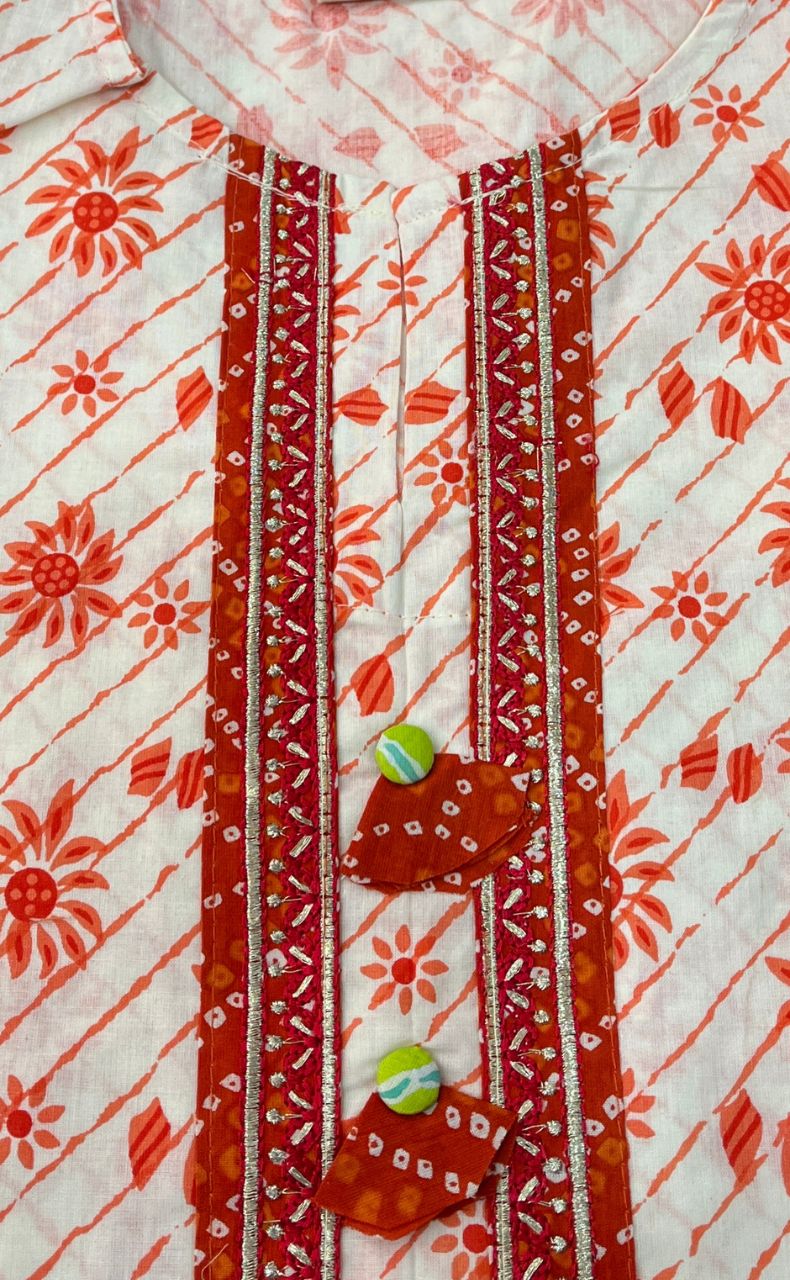 White/Orange Floral Jaipuri Cotton Kurti. Pure Versatile Cotton. | Laces and Frills - Laces and Frills