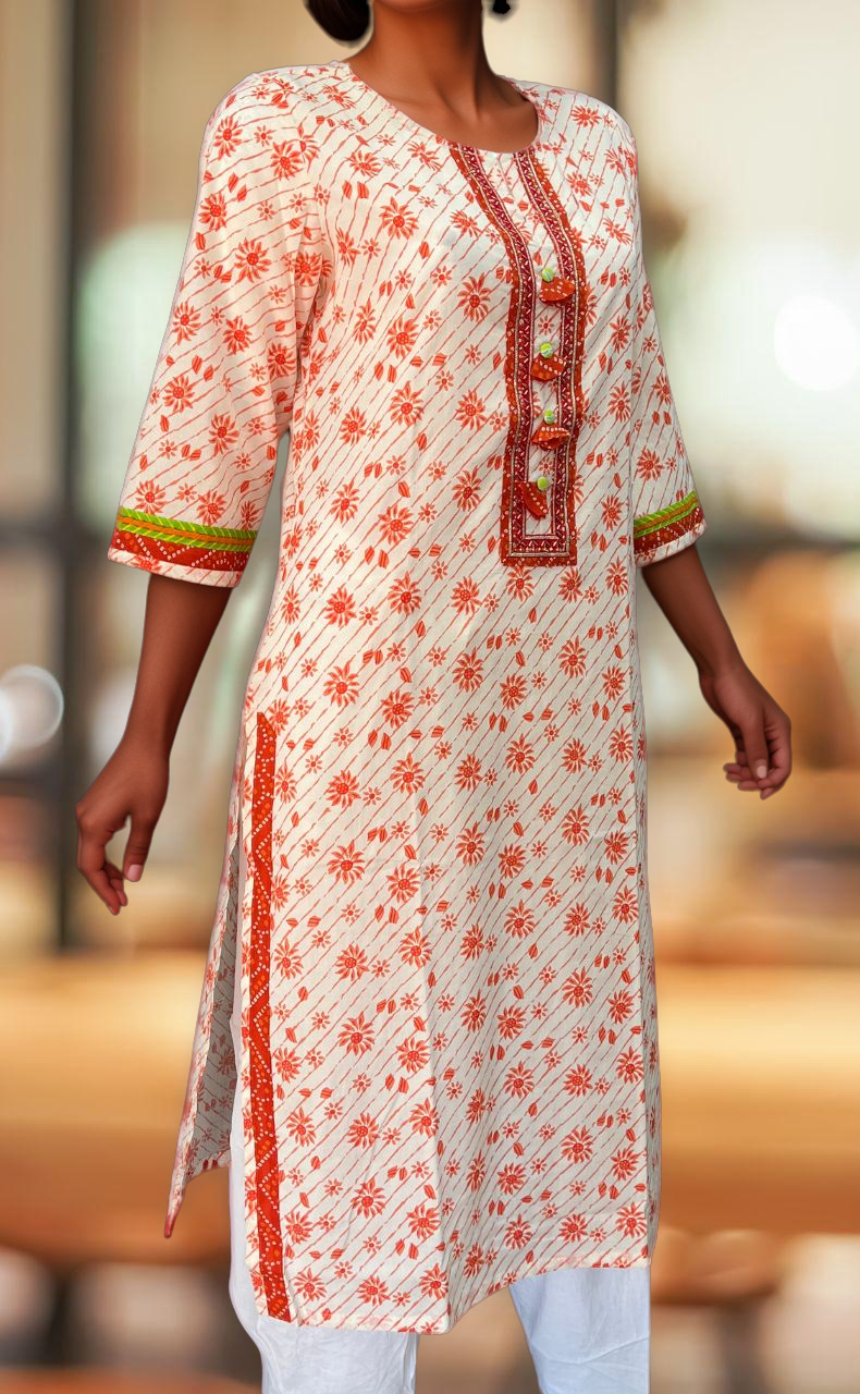 White/Orange Floral Jaipuri Cotton Kurti. Pure Versatile Cotton. | Laces and Frills - Laces and Frills