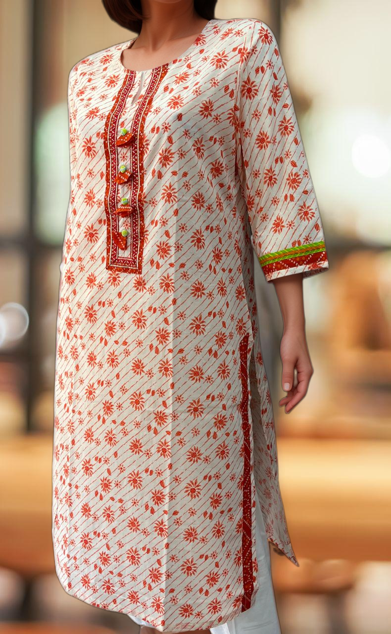 White/Orange Floral Jaipuri Cotton Kurti. Pure Versatile Cotton. | Laces and Frills - Laces and Frills