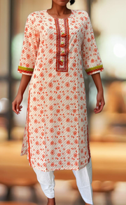 White/Orange Floral Jaipuri Cotton Kurti. Pure Versatile Cotton. | Laces and Frills - Laces and Frills