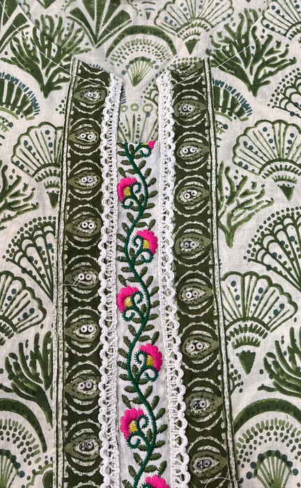 Off White/Green Motif Jaipuri Cotton Kurti. Pure Versatile Cotton. | Laces and Frills - Laces and Frills
