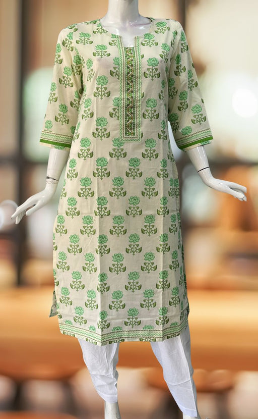 Off White/Green Floral Jaipuri Cotton Kurti. Pure Versatile Cotton. | Laces and Frills - Laces and Frills