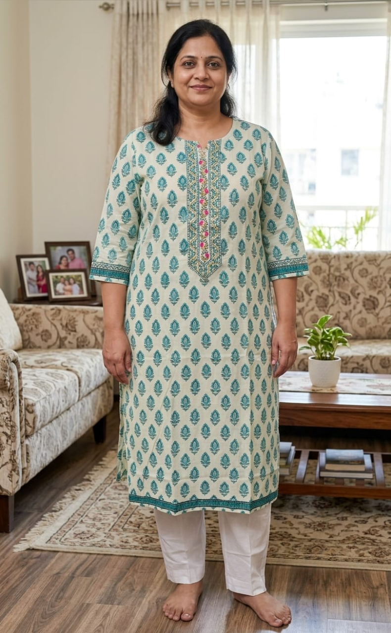 Off White/Sky Blue Floral Jaipuri Cotton Kurti. Pure Versatile Cotton. | Laces and Frills