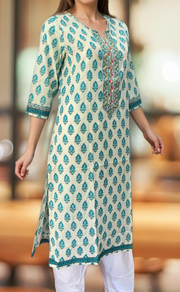 Off White/Sky Blue Floral Jaipuri Cotton Kurti. Pure Versatile Cotton. | Laces and Frills - Laces and Frills
