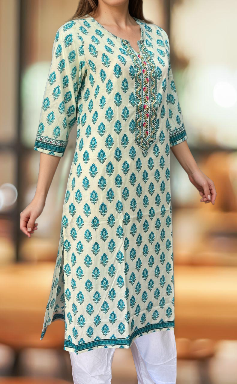 Off White/Sky Blue Floral Jaipuri Cotton Kurti. Pure Versatile Cotton. | Laces and Frills - Laces and Frills