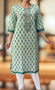 Off White/Sky Blue Floral Jaipuri Cotton Kurti. Pure Versatile Cotton. | Laces and Frills - Laces and Frills