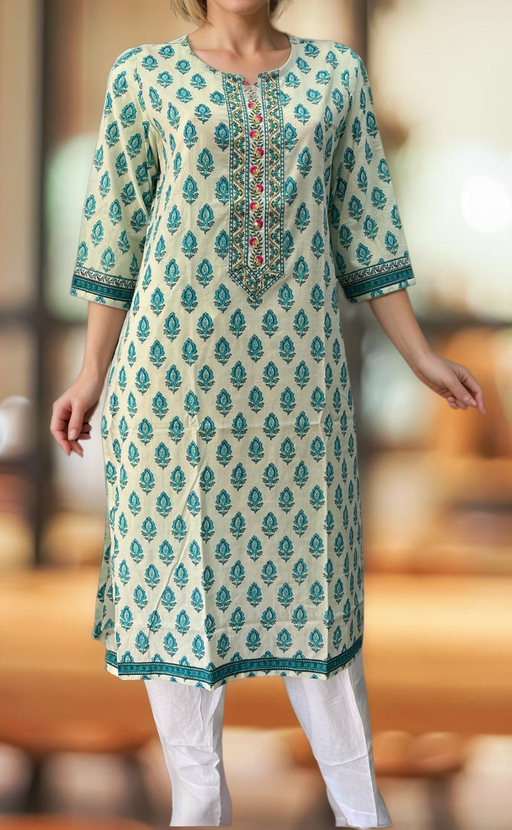 Off White/Sky Blue Floral Jaipuri Cotton Kurti. Pure Versatile Cotton. | Laces and Frills - Laces and Frills