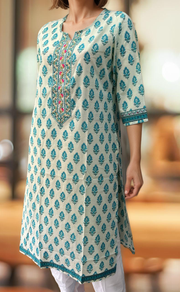 Off White/Sky Blue Floral Jaipuri Cotton Kurti. Pure Versatile Cotton. | Laces and Frills - Laces and Frills