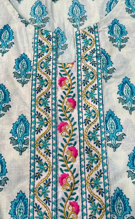 Off White/Sky Blue Floral Jaipuri Cotton Kurti. Pure Versatile Cotton. | Laces and Frills - Laces and Frills