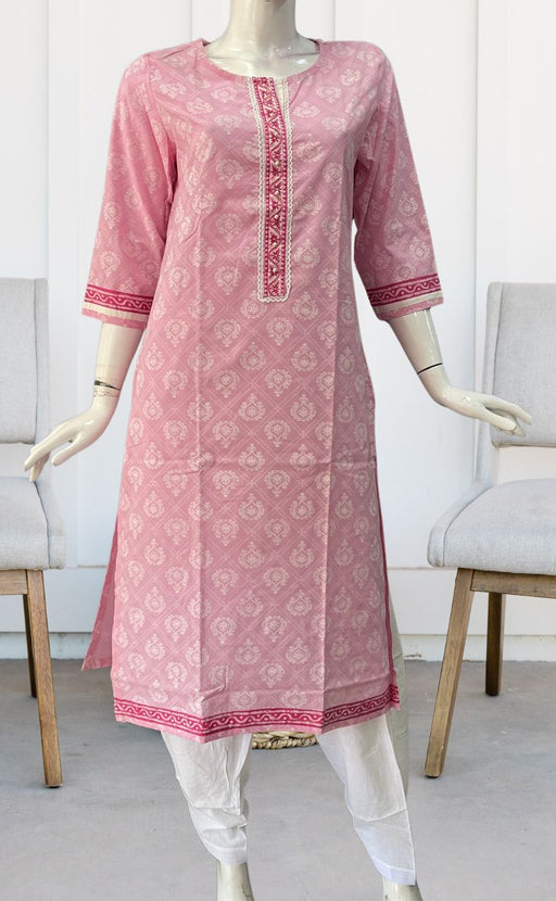 Baby Pink Motif Jaipuri Cotton Kurti. Pure Versatile Cotton. | Laces and Frills - Laces and Frills