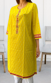Yellow Ikkat Jaipuri Cotton Kurti. Pure Versatile Cotton. | Laces and Frills - Laces and Frills
