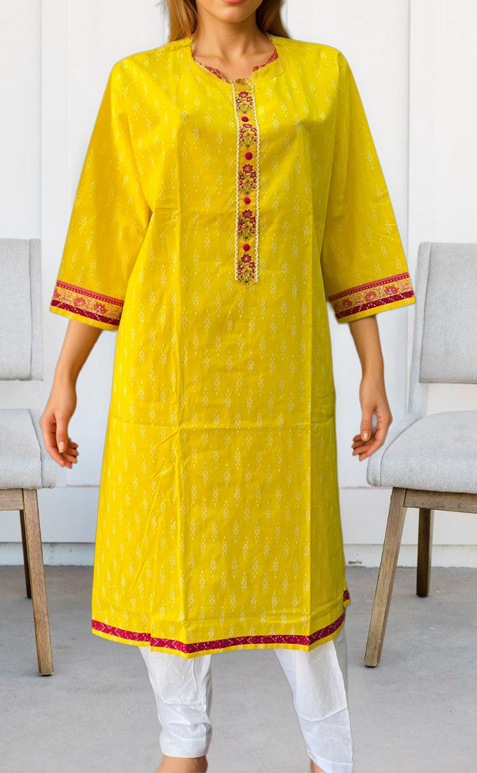 Yellow Ikkat Jaipuri Cotton Kurti. Pure Versatile Cotton. | Laces and Frills - Laces and Frills