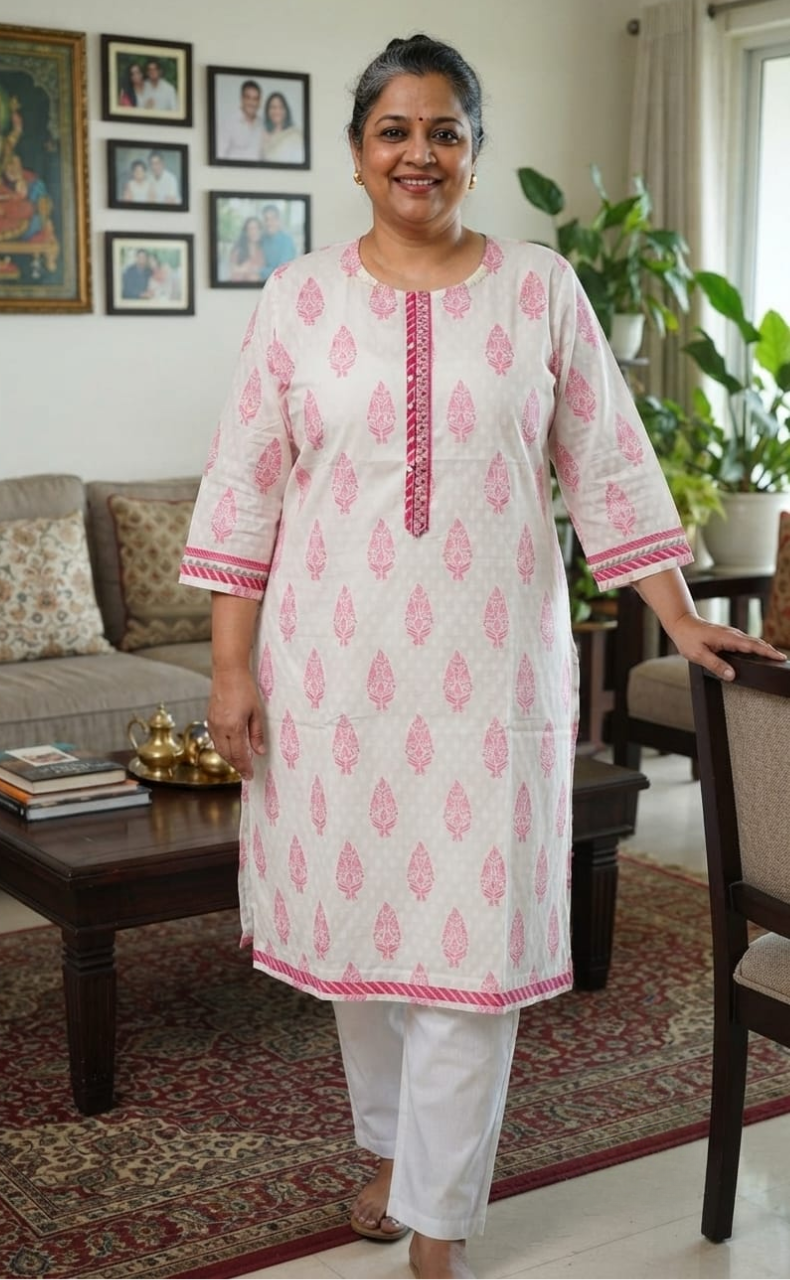 White/Pink Garden Jaipuri Cotton Kurti. Pure Versatile Cotton. | Laces and Frills
