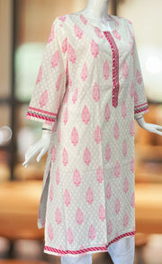 White/Pink Garden Jaipuri Cotton Kurti. Pure Versatile Cotton. | Laces and Frills - Laces and Frills