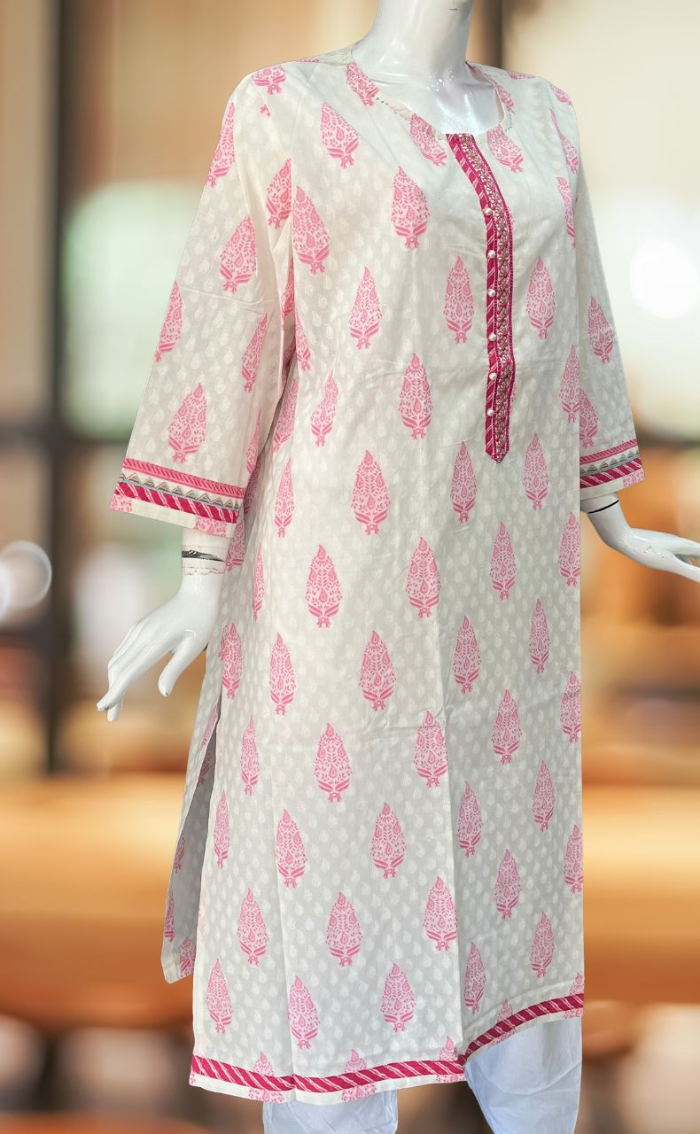 White/Pink Garden Jaipuri Cotton Kurti. Pure Versatile Cotton. | Laces and Frills - Laces and Frills