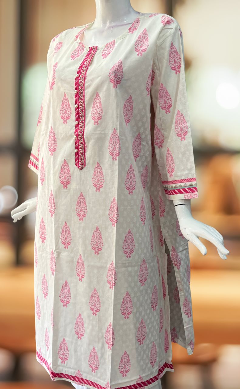 White/Pink Garden Jaipuri Cotton Kurti. Pure Versatile Cotton. | Laces and Frills - Laces and Frills