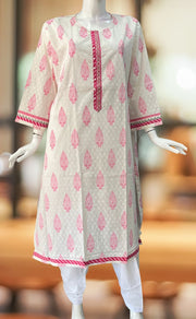 White/Pink Garden Jaipuri Cotton Kurti. Pure Versatile Cotton. | Laces and Frills - Laces and Frills