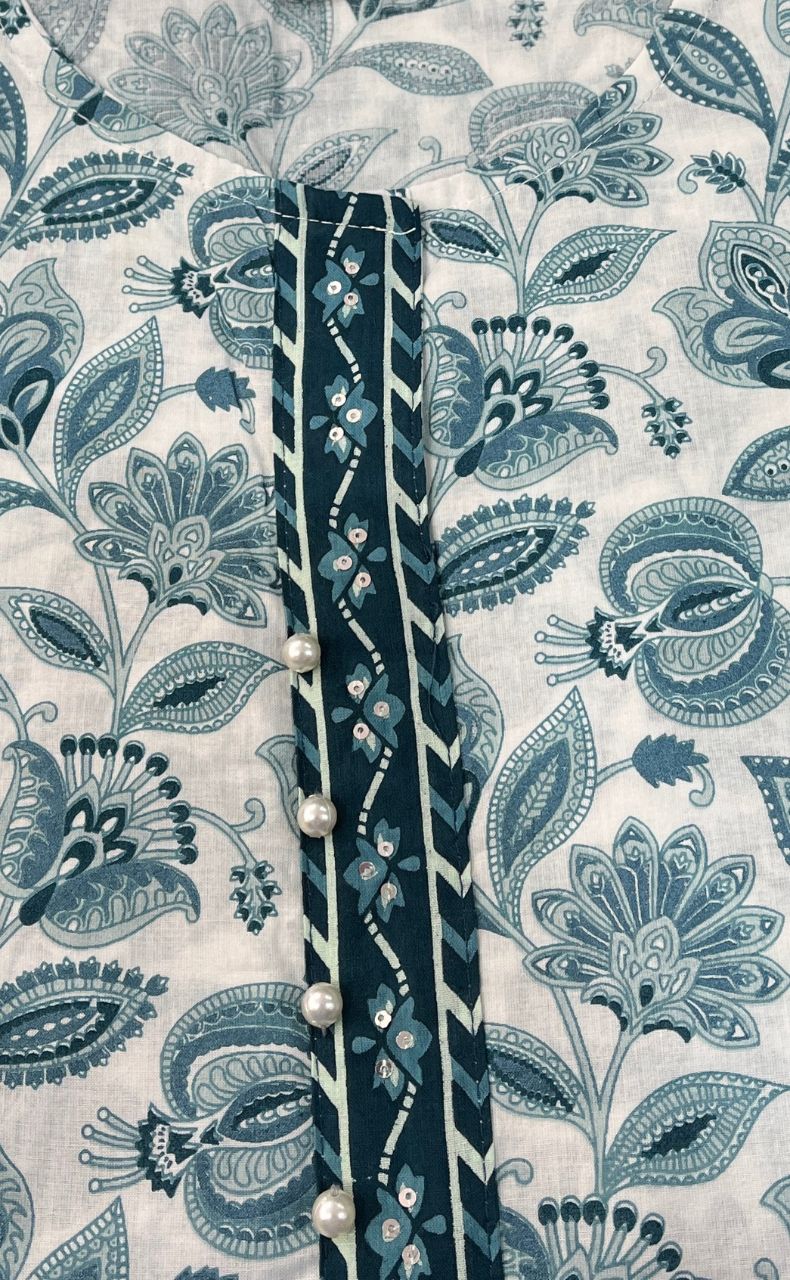 White/Blue Garden Jaipuri Cotton Kurti. Pure Versatile Cotton. | Laces and Frills - Laces and Frills