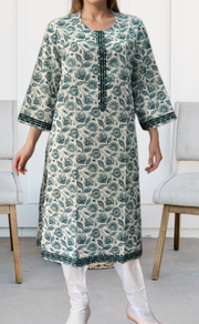 White/Blue Garden Jaipuri Cotton Kurti. Pure Versatile Cotton. | Laces and Frills - Laces and Frills