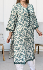 White/Blue Garden Jaipuri Cotton Kurti. Pure Versatile Cotton. | Laces and Frills - Laces and Frills