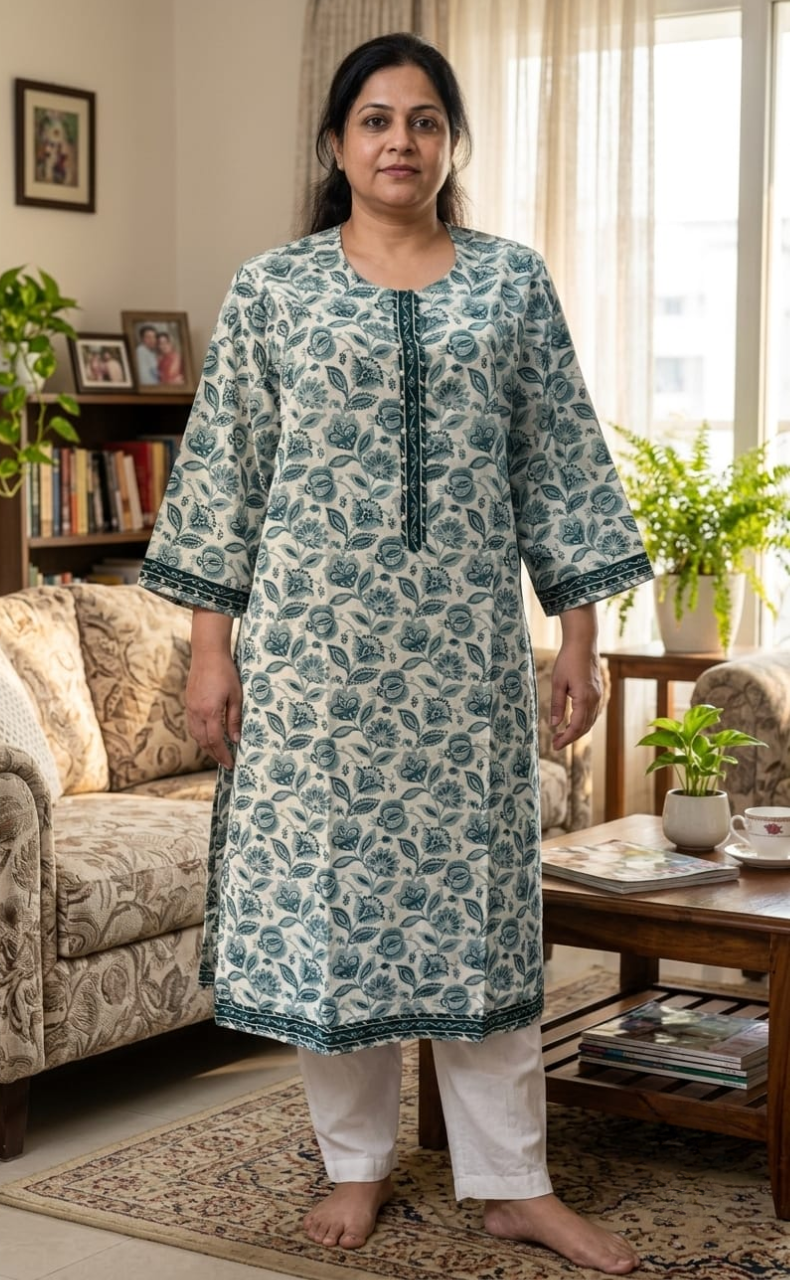 White/Blue Garden Jaipuri Cotton Kurti. Pure Versatile Cotton. | Laces and Frills